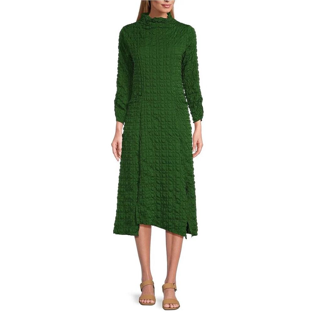 IC Collection Hunter Green Textured Bubble Check Pucker Midi Dress Womens Small